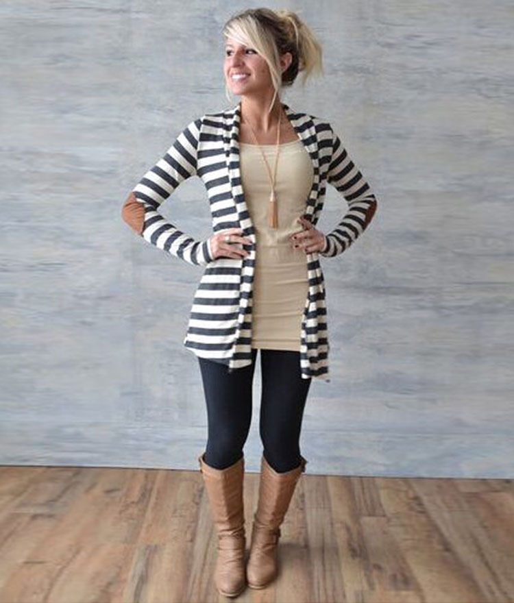 F2447 Black and White Striped Long Sleeve Cardigan